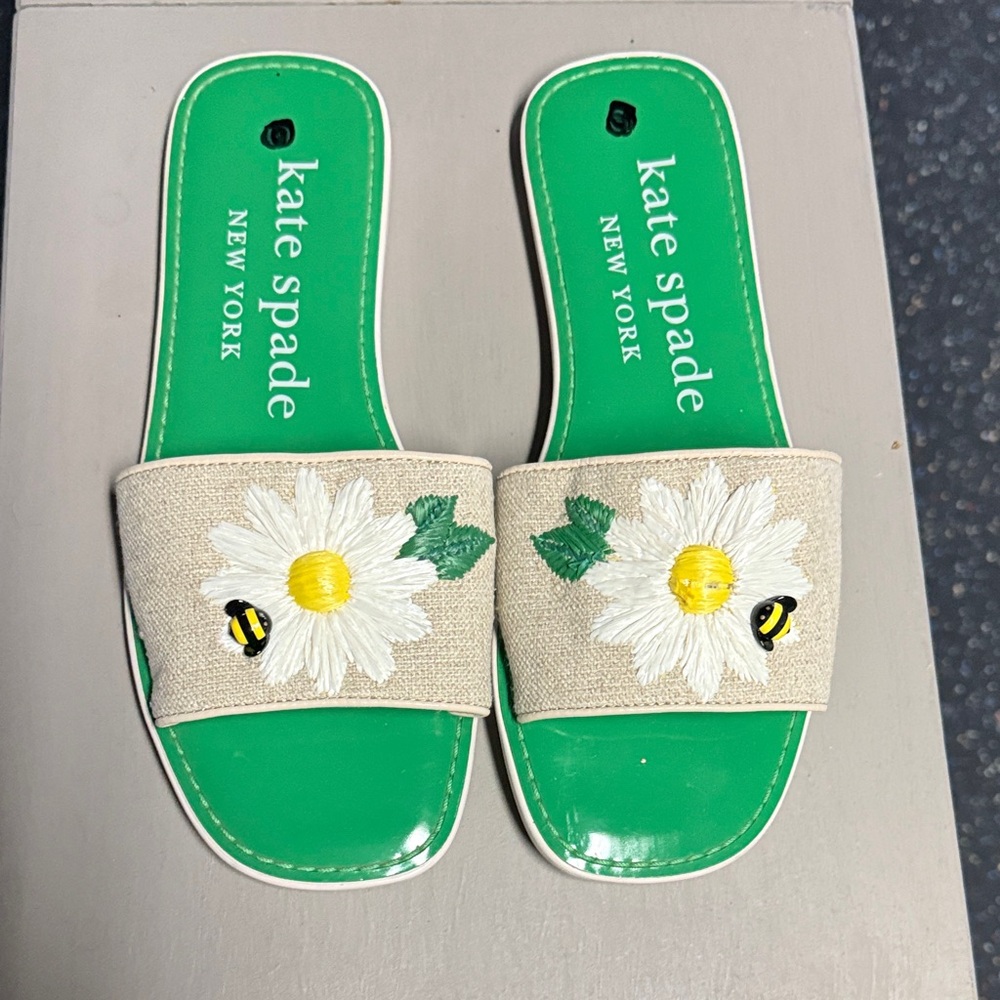 Kate Spade Green Slides with Daisy and Bee Embroidery